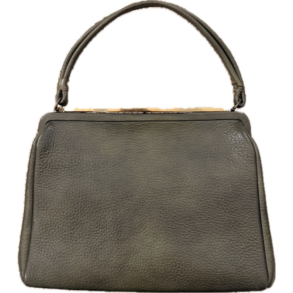 Vintage Olive Green Pebbled Leather Frame Handbag Gold Hardware Top Handle Bag